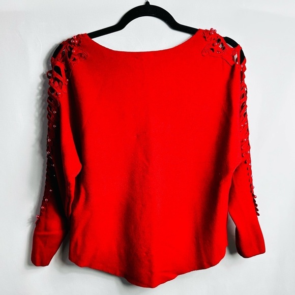 Ember Women’s Sz Medium Red Pearl & Fishtail Accents Long Sleeve Sweater Top - Picture 5 of 7